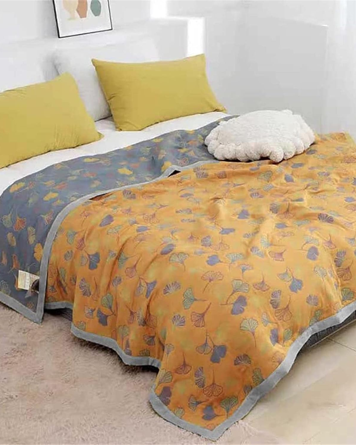 Cotton Throw Blanket with Embossed Leaf Pattern and Reversible Design