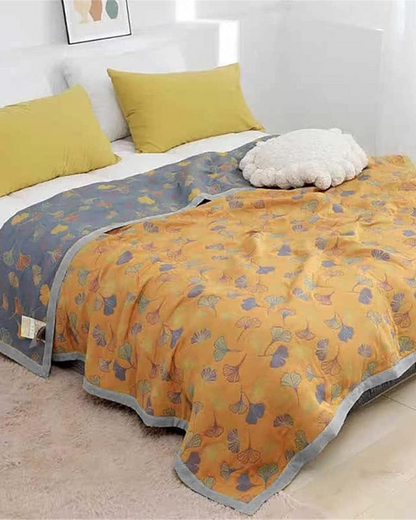 Cotton Throw Blanket with Embossed Leaf Pattern and Reversible Design
