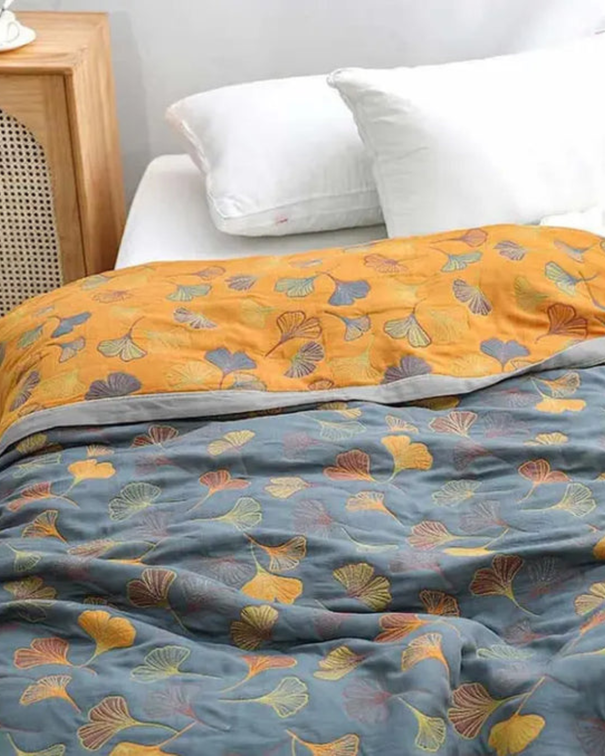 Cotton Throw Blanket with Embossed Leaf Pattern and Reversible Design