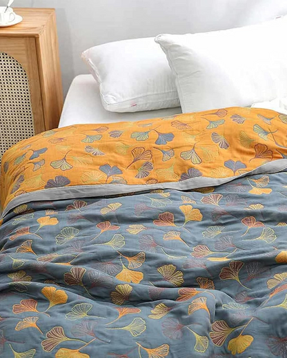 Cotton Throw Blanket with Embossed Leaf Pattern and Reversible Design