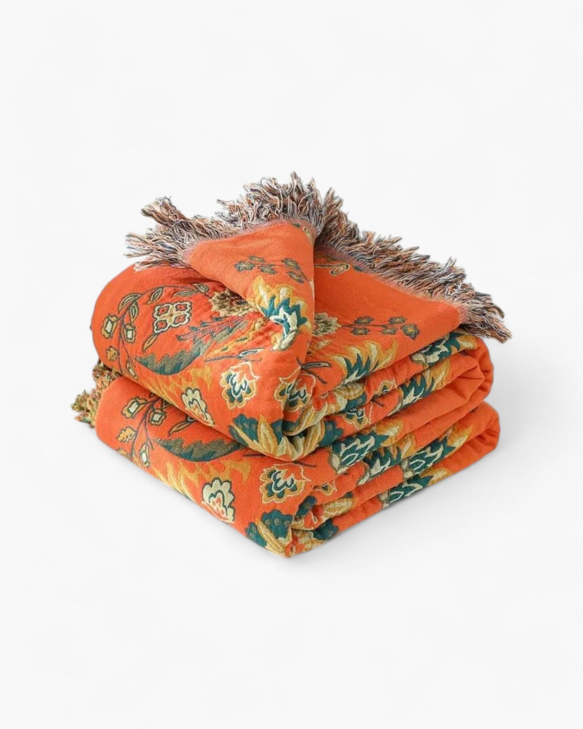 Cotton Throw Blanket with Warm Marigold Tone and Reversible Bohemian Design
