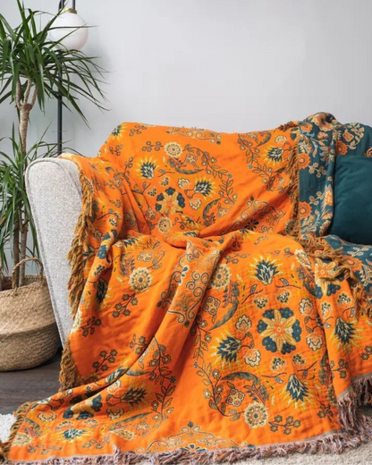 Cotton Throw Blanket with Warm Marigold Tone and Reversible Bohemian Design