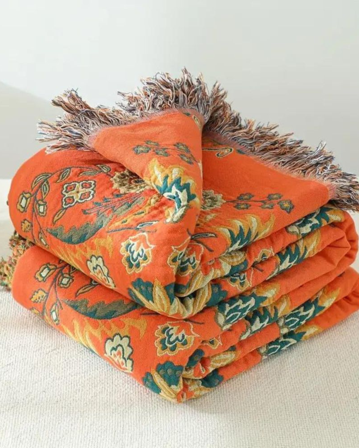 Cotton Throw Blanket with Warm Marigold Tone and Reversible Bohemian Design