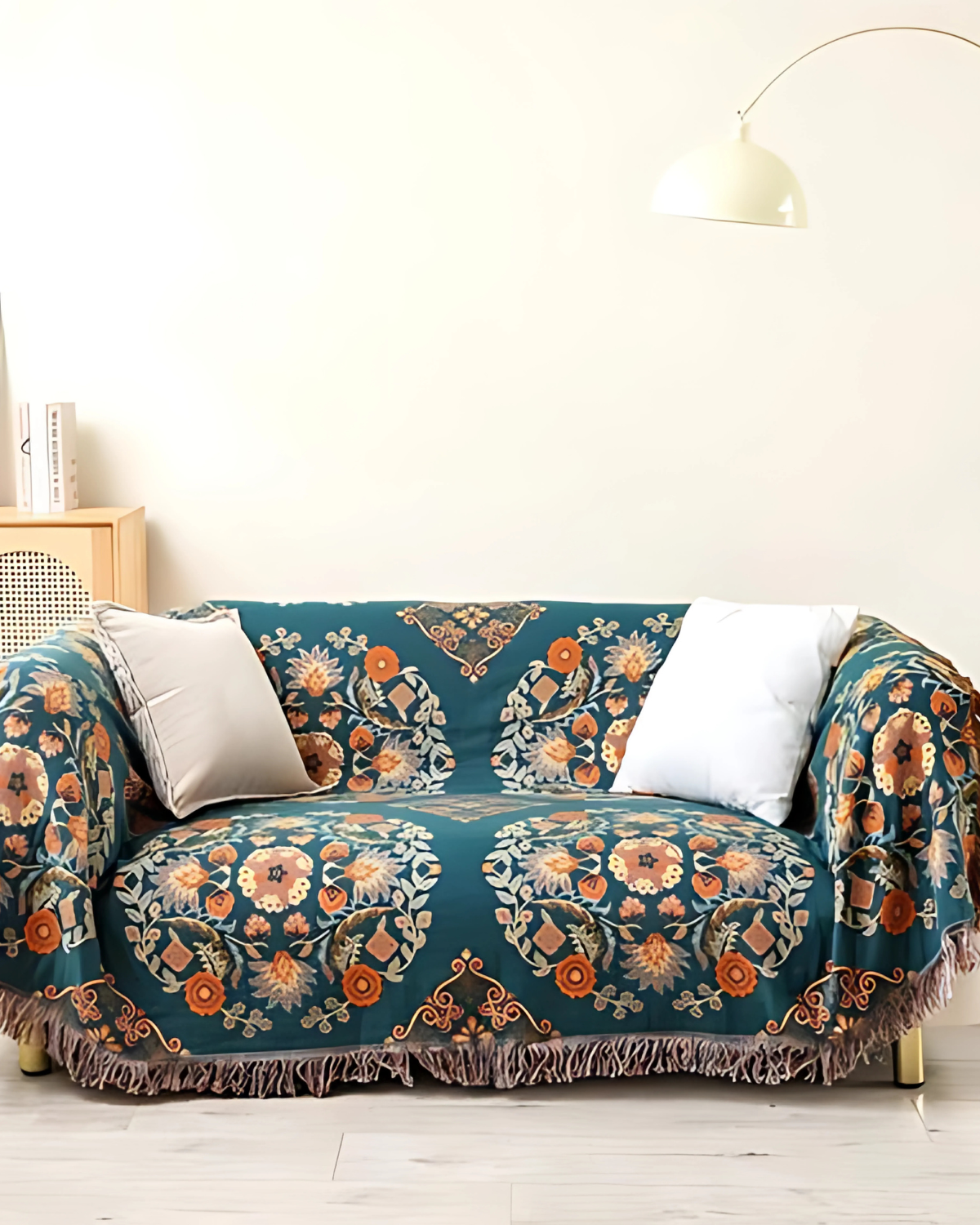 Cotton Throw Blanket with Warm Marigold Tone and Reversible Bohemian Design