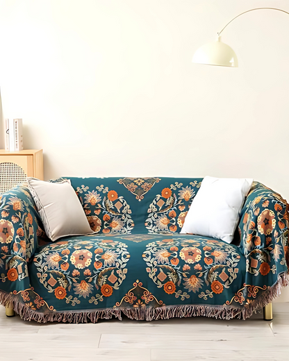 Cotton Throw Blanket with Warm Marigold Tone and Reversible Bohemian Design