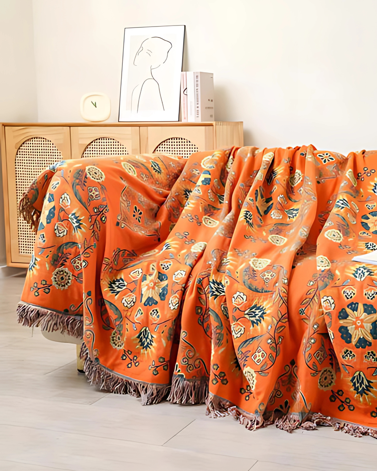 Cotton Throw Blanket with Warm Marigold Tone and Reversible Bohemian Design
