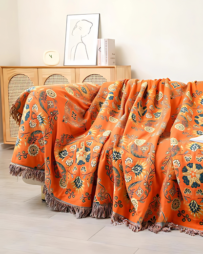 Cotton Throw Blanket with Warm Marigold Tone and Reversible Bohemian Design