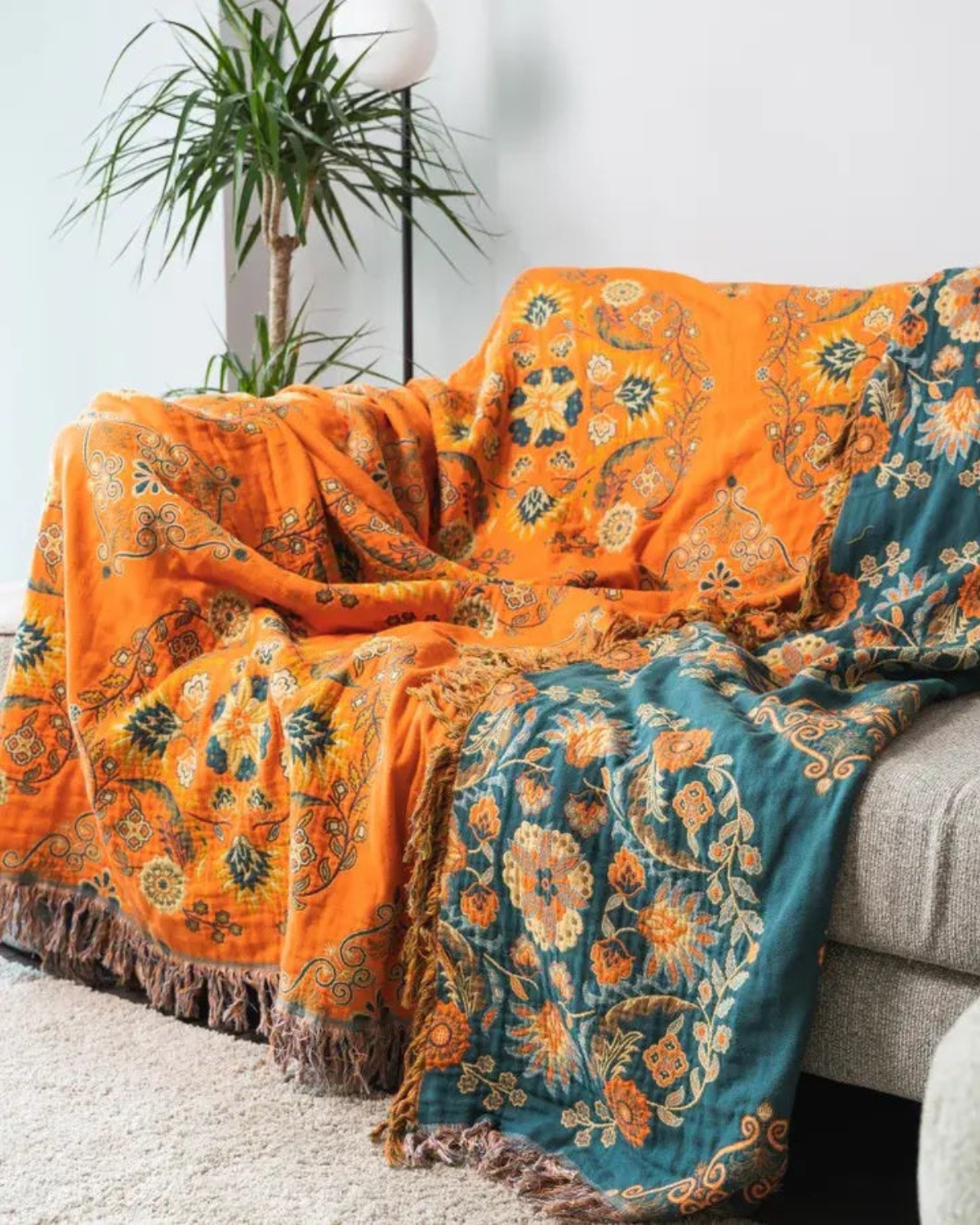 Cotton Throw Blanket with Warm Marigold Tone and Reversible Bohemian Design