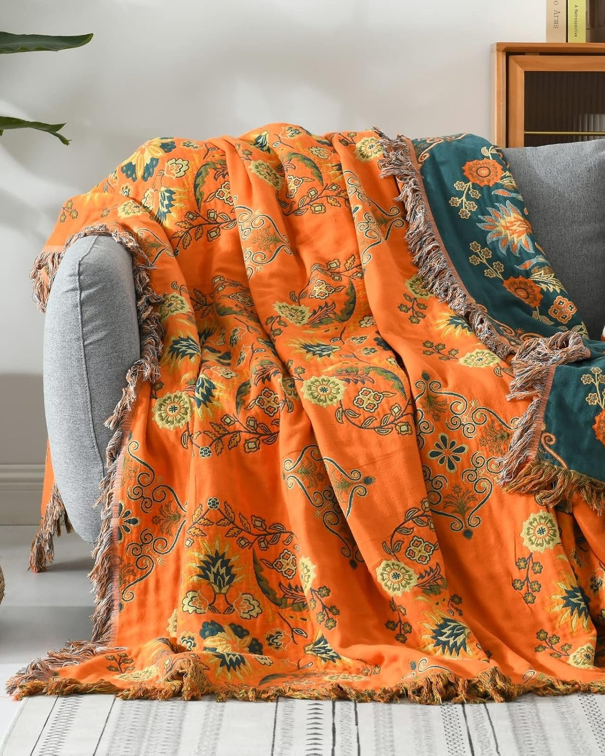 Cotton Throw Blanket with Warm Marigold Tone and Reversible Bohemian Design