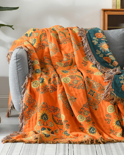 Cotton Throw Blanket with Warm Marigold Tone and Reversible Bohemian Design