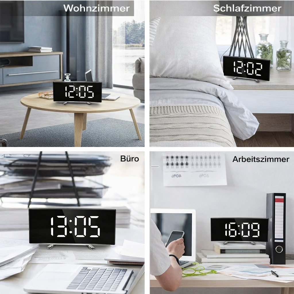 Curved LED Mirror Alarm Clock with Automatic Brightness Adjustment and Temperature Display