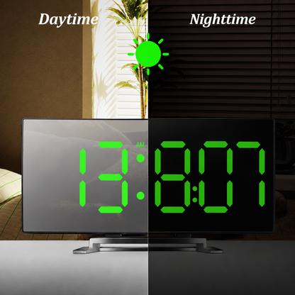 Curved LED Mirror Alarm Clock with Automatic Brightness Adjustment and Temperature Display