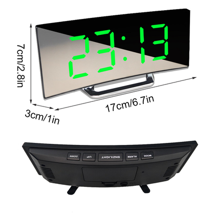 Curved LED Mirror Alarm Clock with Automatic Brightness Adjustment and Temperature Display