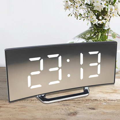 Curved LED Mirror Alarm Clock with Automatic Brightness Adjustment and Temperature Display