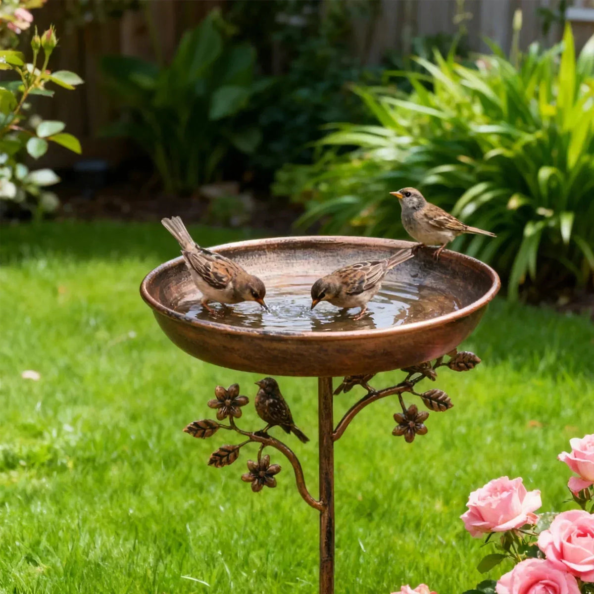 Decorative Metal Bird Bath with Stable Ground Spike for Gardens