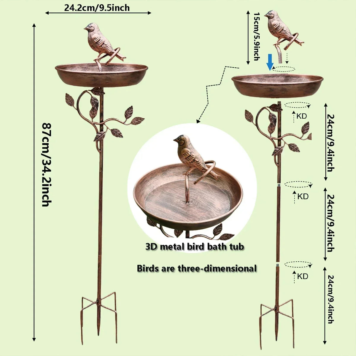 Decorative Metal Bird Bath with Stable Ground Spike for Gardens