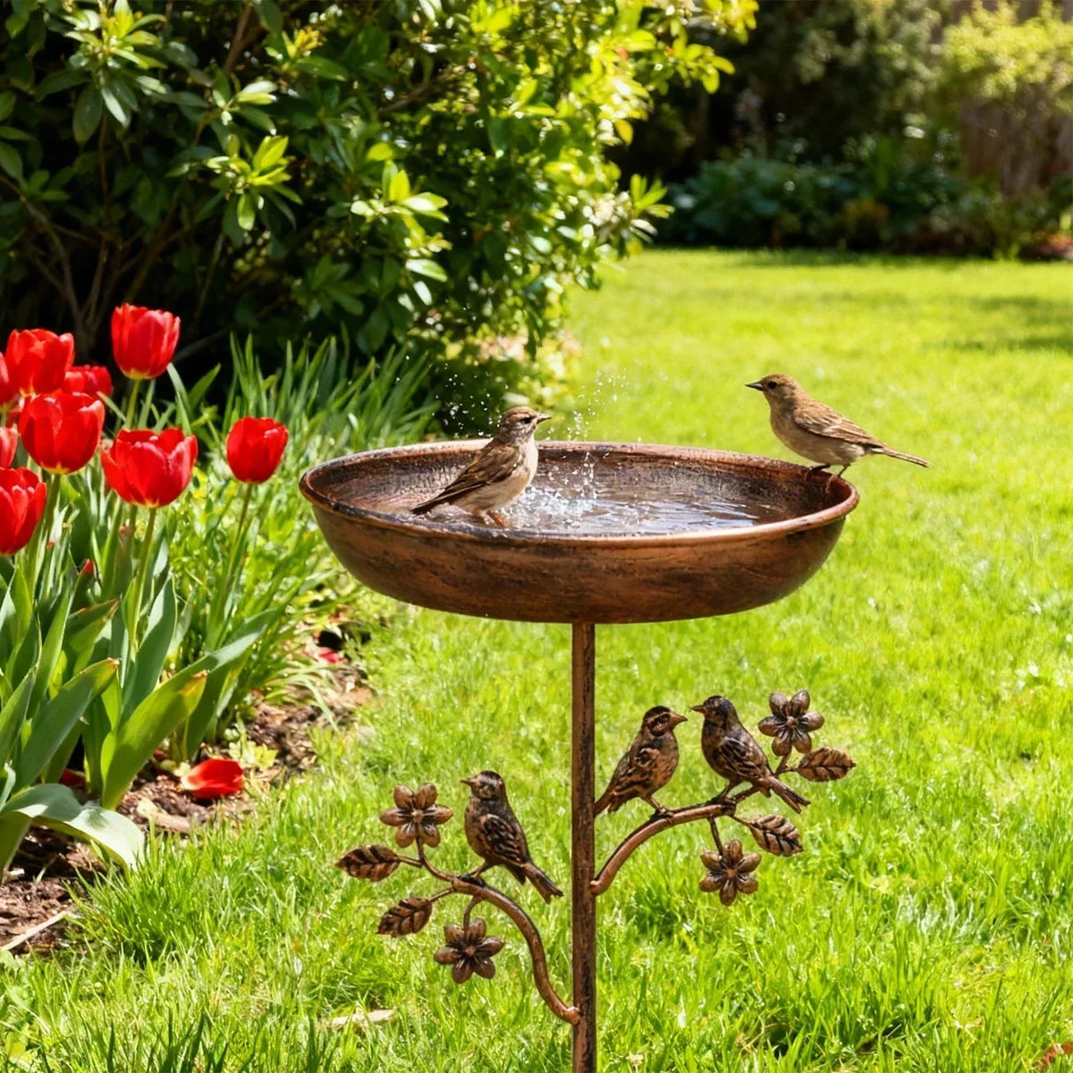 Decorative Metal Bird Bath with Stable Ground Spike for Gardens