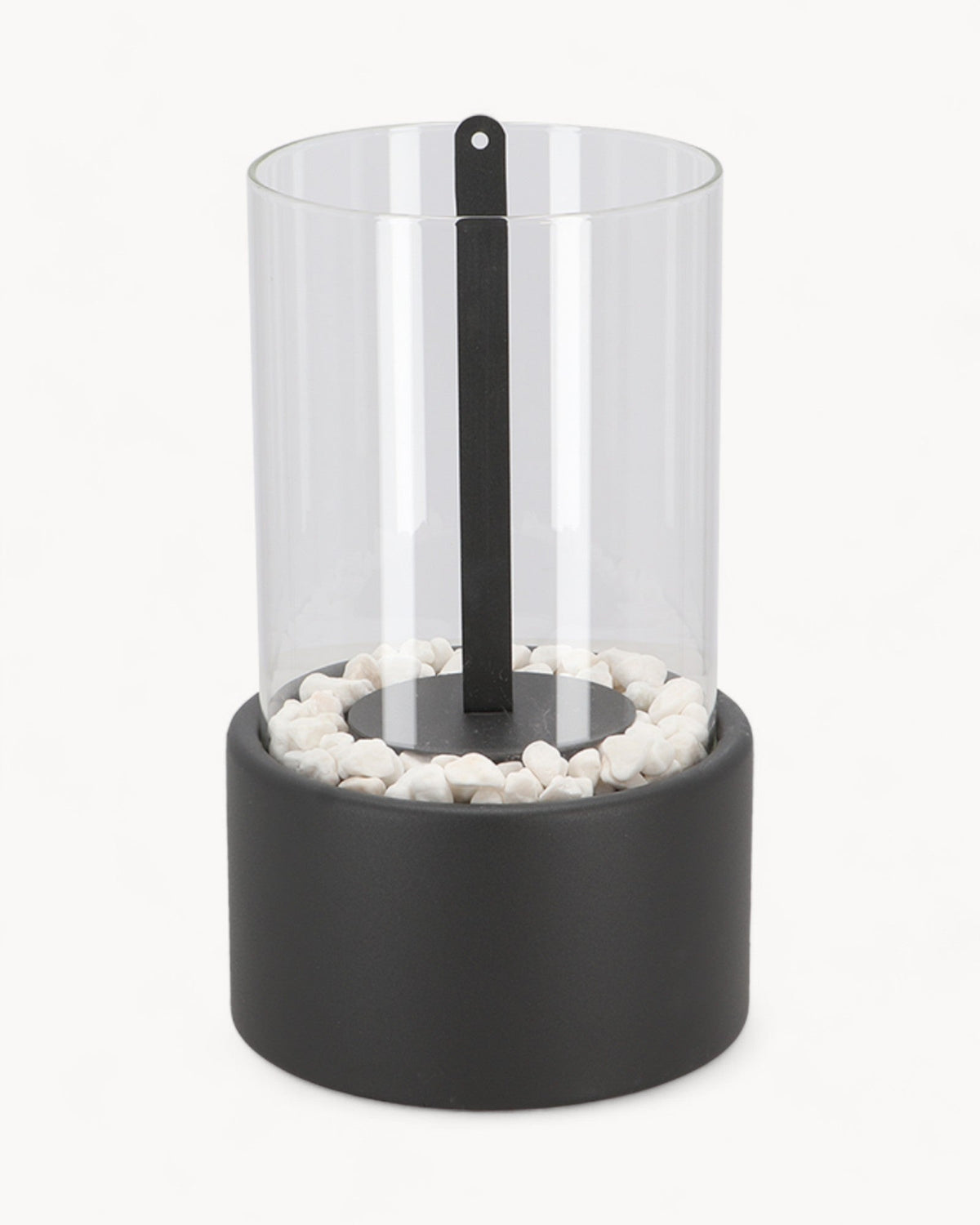 Elegant Metal and Glass Oil Lamp with Open Flame and Decorative Stones