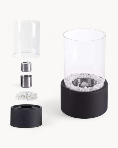 Elegant Metal and Glass Oil Lamp with Open Flame and Decorative Stones