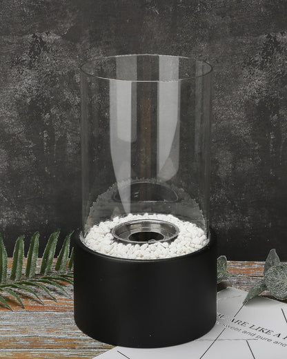 Elegant Metal and Glass Oil Lamp with Open Flame and Decorative Stones