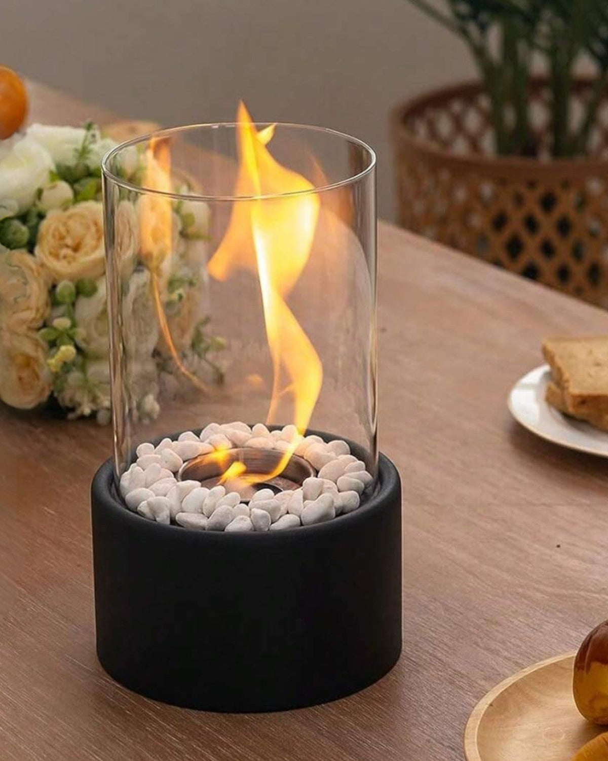 Elegant Metal and Glass Oil Lamp with Open Flame and Decorative Stones