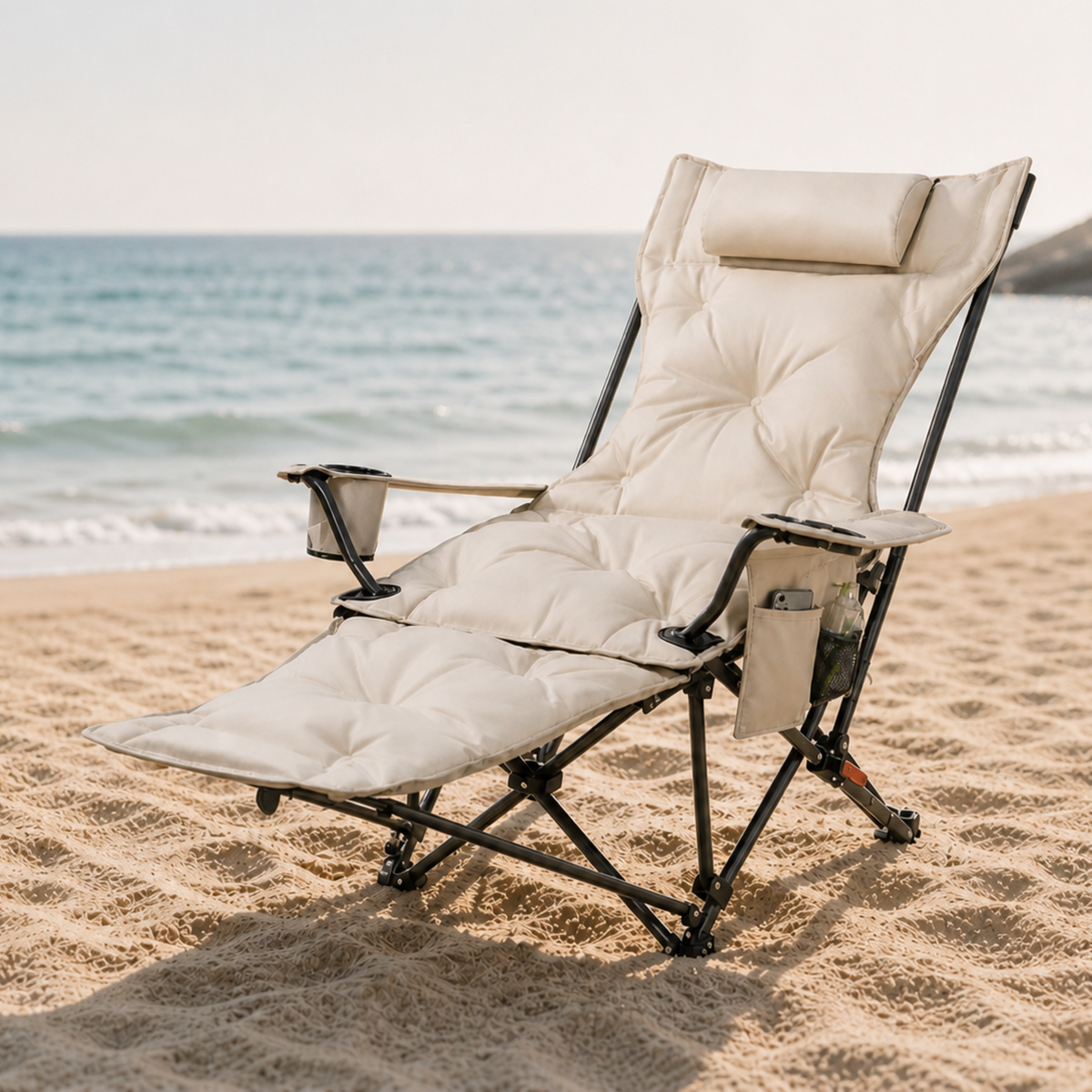 Foldable Reclining Camping Chair with Cushioned Seat and Cup Holder