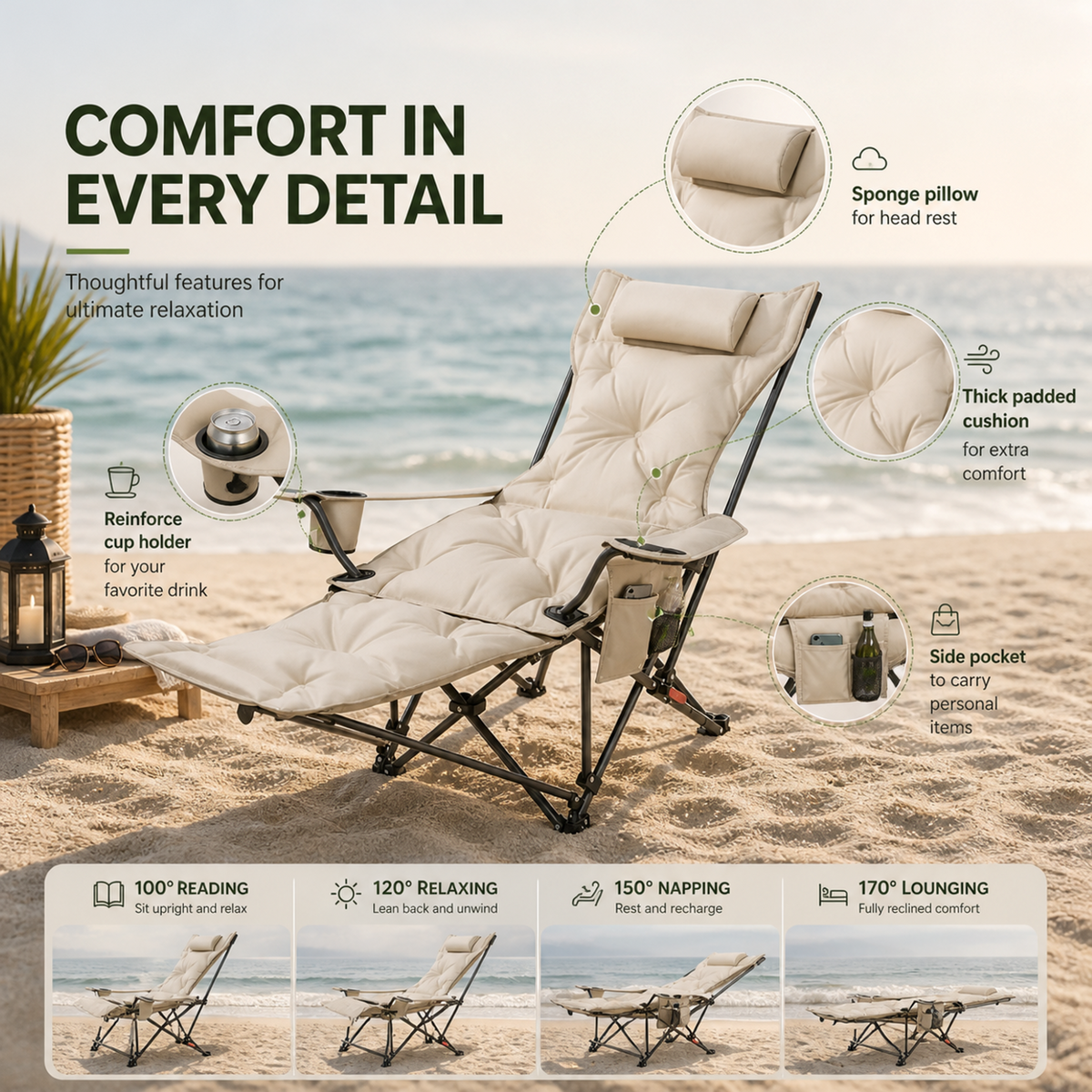 Foldable Reclining Camping Chair with Cushioned Seat and Cup Holder
