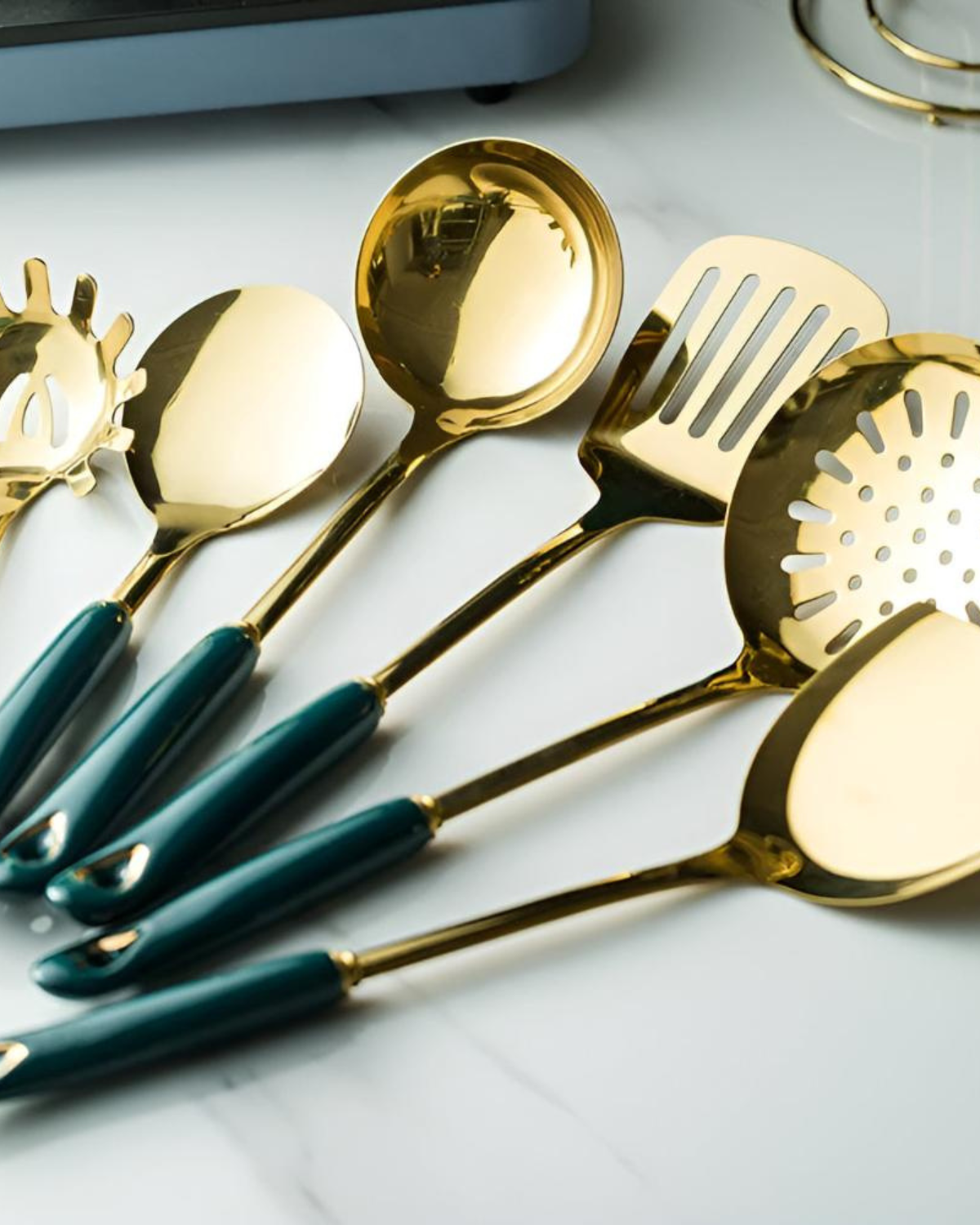 Gold-Finish Stainless Steel Kitchen Utensil Set with Emerald Green Handles