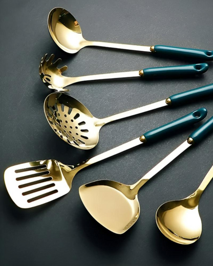 Gold-Finish Stainless Steel Kitchen Utensil Set with Emerald Green Handles