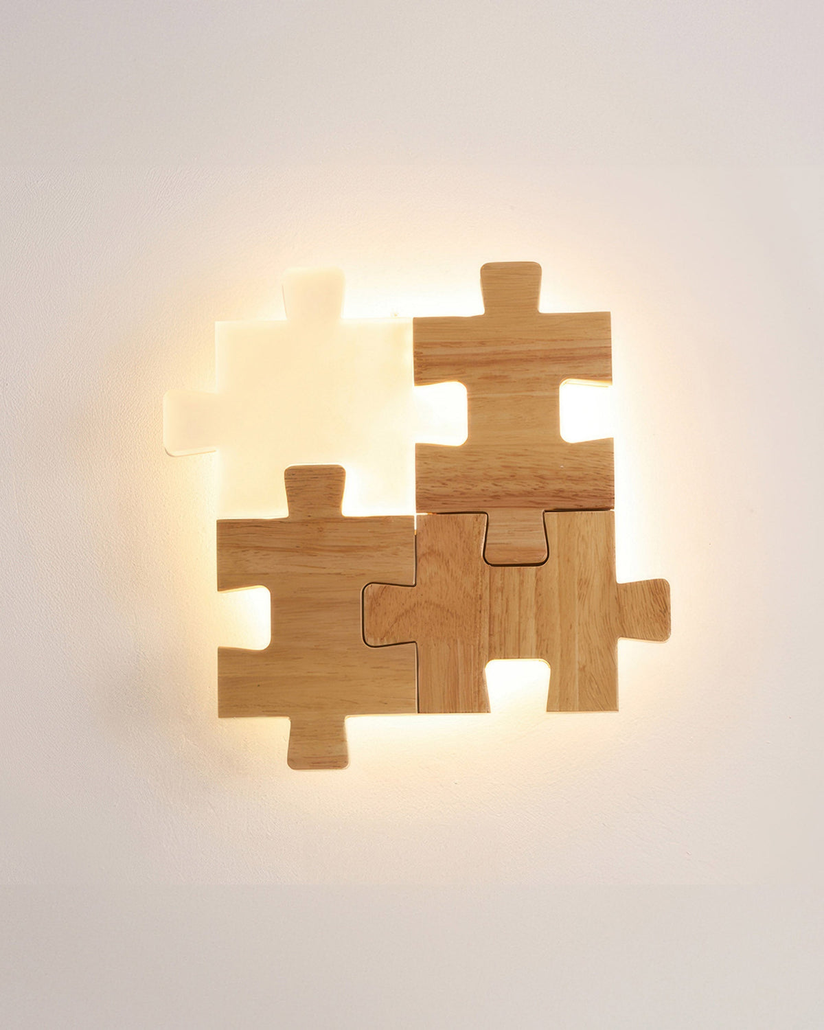 LED Wall Light with Playful Natural Rubberwood Puzzle Design