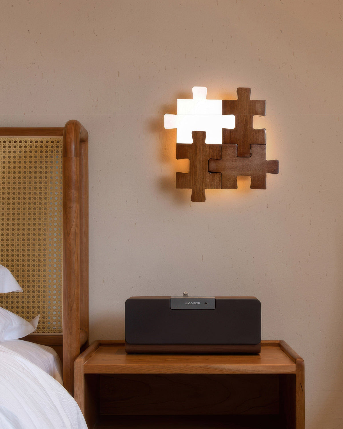 LED Wall Light with Playful Natural Rubberwood Puzzle Design