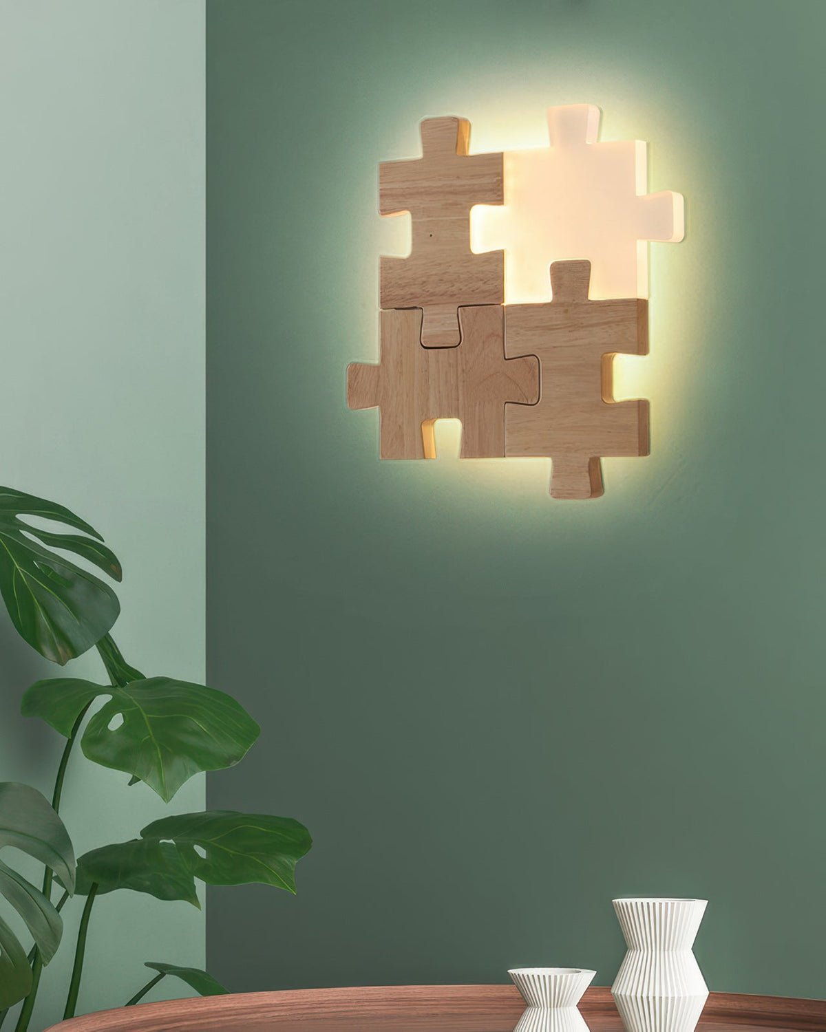 LED Wall Light with Playful Natural Rubberwood Puzzle Design