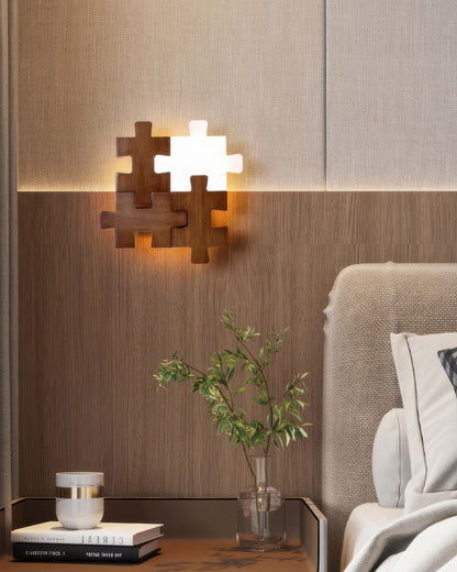 LED Wall Light with Playful Natural Rubberwood Puzzle Design