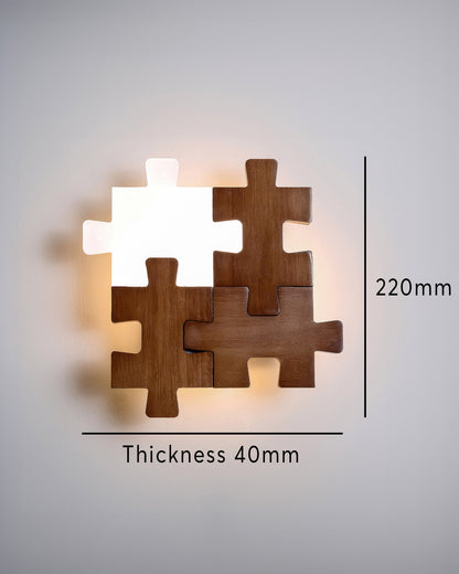 LED Wall Light with Playful Natural Rubberwood Puzzle Design
