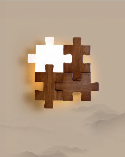 LED Wall Light with Playful Natural Rubberwood Puzzle Design
