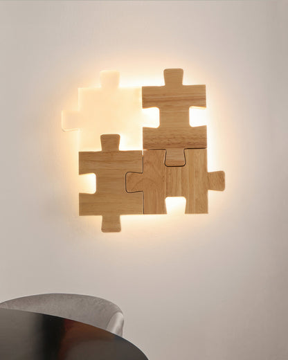 LED Wall Light with Playful Natural Rubberwood Puzzle Design