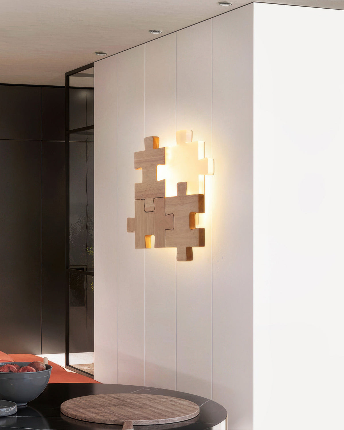 LED Wall Light with Playful Natural Rubberwood Puzzle Design