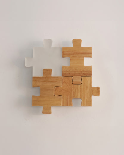 LED Wall Light with Playful Natural Rubberwood Puzzle Design