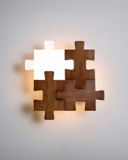 LED Wall Light with Playful Natural Rubberwood Puzzle Design