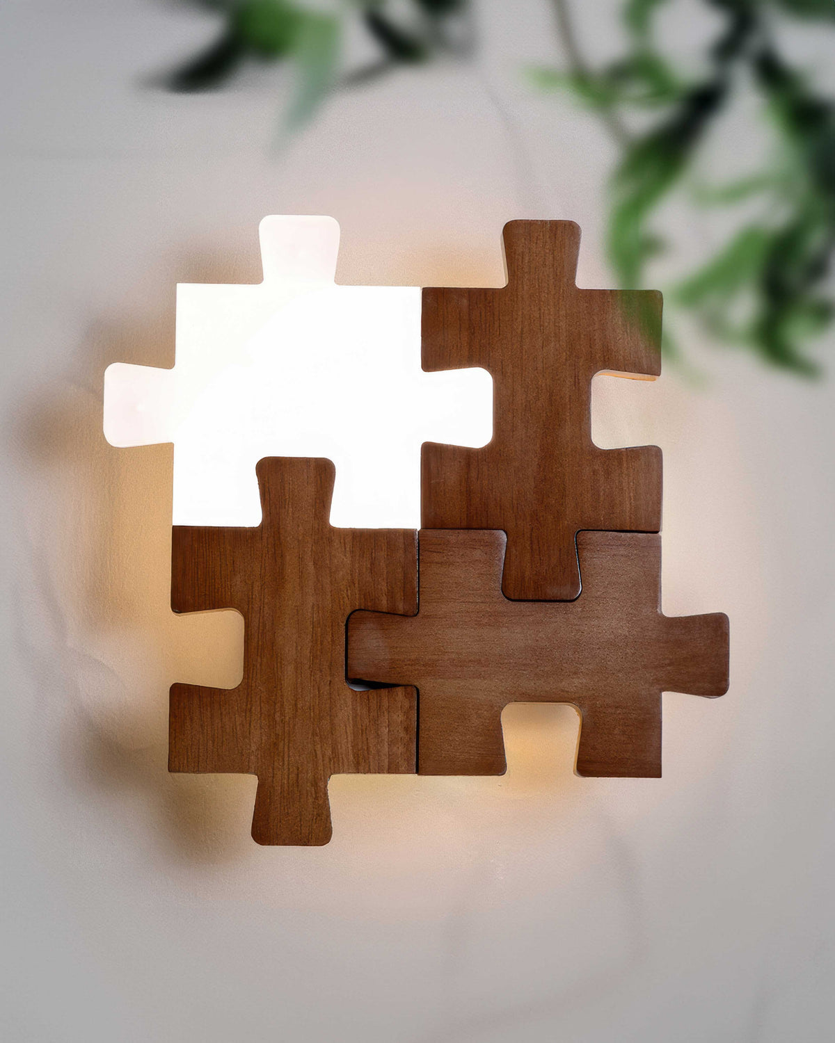 LED Wall Light with Playful Natural Rubberwood Puzzle Design
