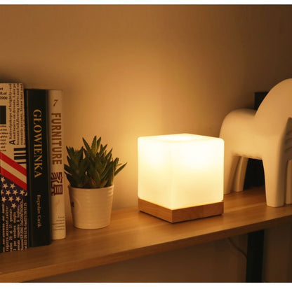 Minimalist Table Lamp with Wooden Accents and Frosted Glass