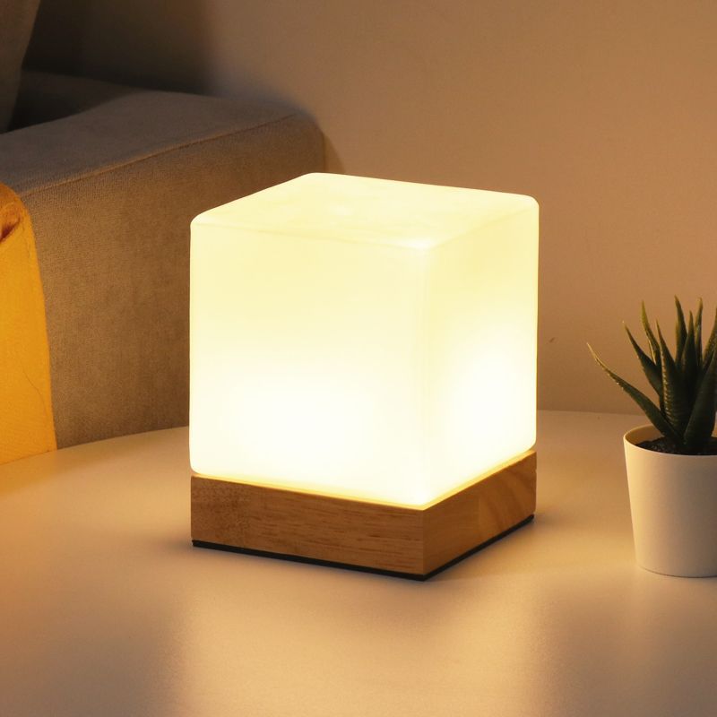 Minimalist Table Lamp with Wooden Accents and Frosted Glass