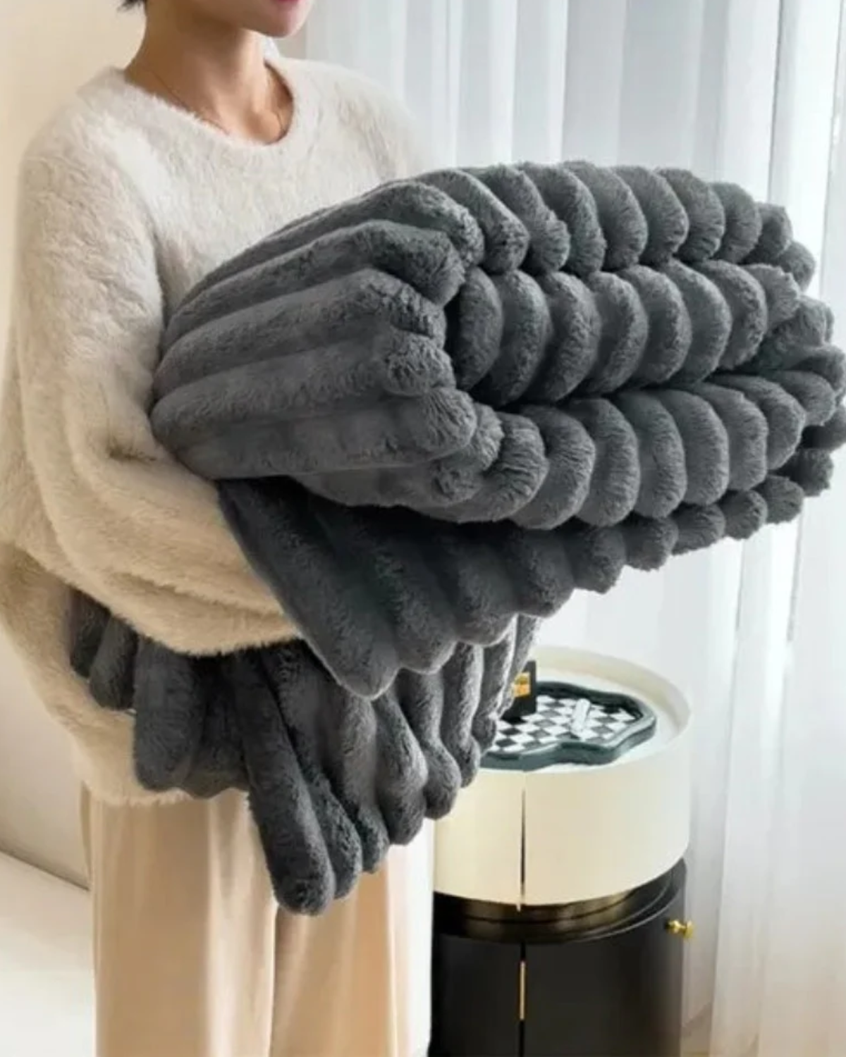 Plush Throw Blanket with Elegant Striped Texture for Warmth and Comfort