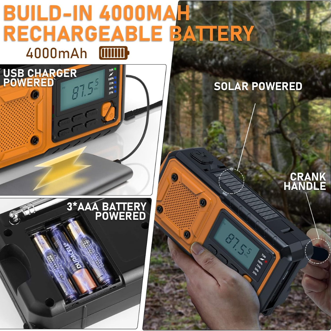 Portable Emergency Crank Radio with DAB FM AM Bluetooth and Rechargeable Battery