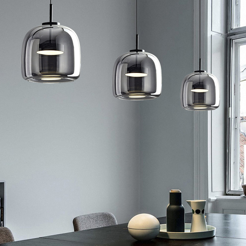Retro LED Pendant Lamp - Gold Amber Metal & Glass Hanging Light