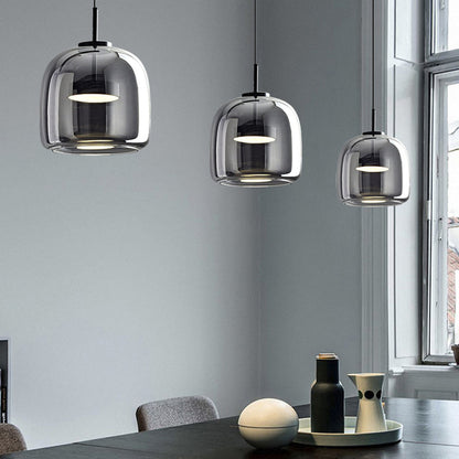 Retro LED Pendant Lamp - Gold Amber Metal & Glass Hanging Light