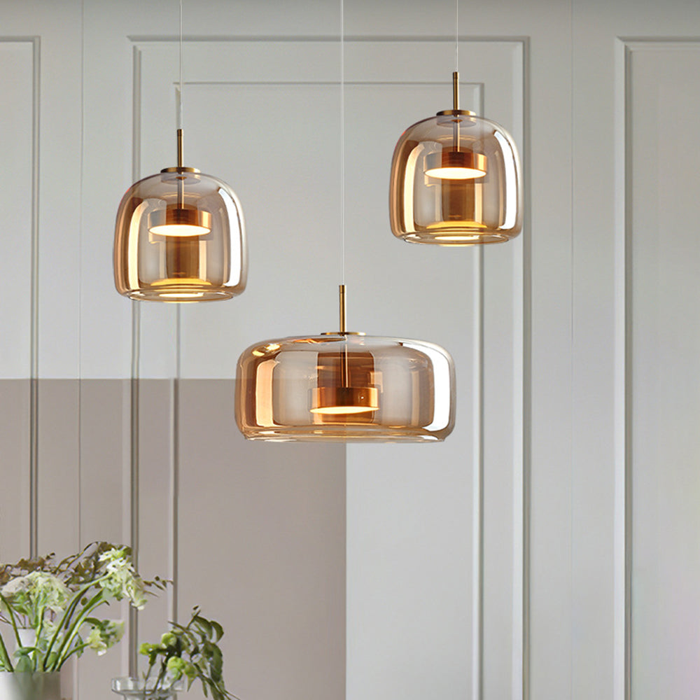 Retro LED Pendant Lamp - Gold Amber Metal & Glass Hanging Light