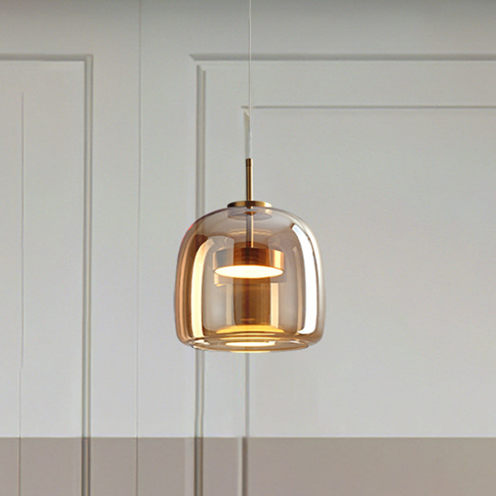Retro LED Pendant Lamp - Gold Amber Metal & Glass Hanging Light