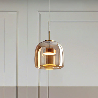 Retro LED Pendant Lamp - Gold Amber Metal & Glass Hanging Light
