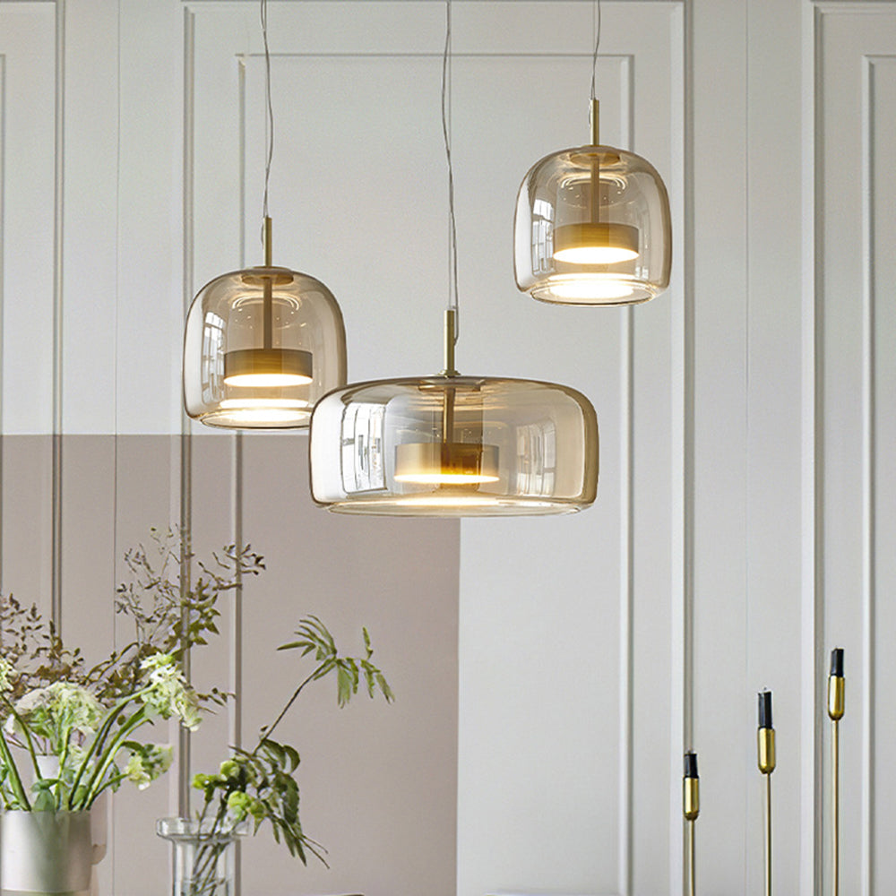 Retro LED Pendant Lamp - Gold Amber Metal & Glass Hanging Light